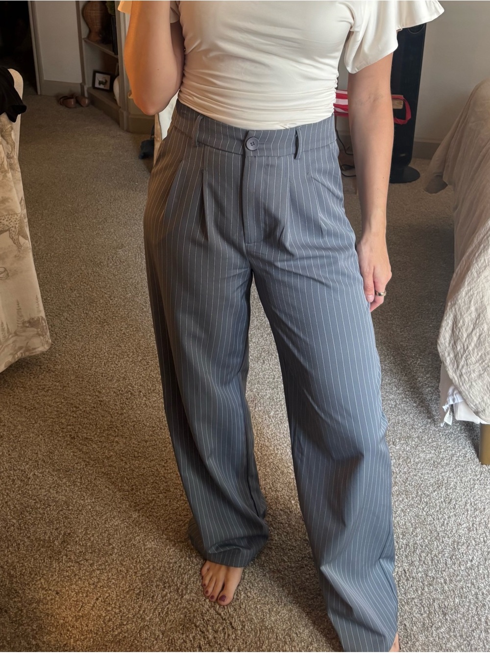 Princess Polly Gray Pinstripe Wide-Leg Trousers